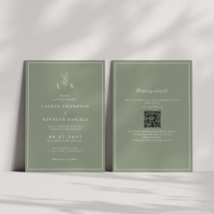 Invitation Code QR de mariage à monogramme de feuille de saug