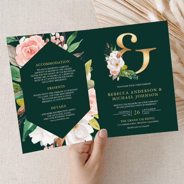 Invitation Code QR de mariage Ampersand émeraude floral rose (Créateur téléchargé)