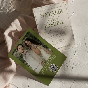 Invitation Code QR de mariage argent ancien vert olive élégan