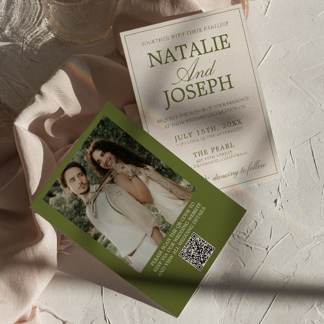 Invitation Code QR de mariage argent ancien vert olive élégan (Créateur téléchargé)