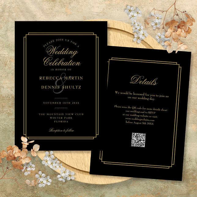 Invitation Code QR de mariage Art Déco noir et or (Black and Gold Script QR Code Art Deco Wedding Invitation)