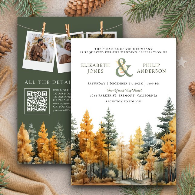 Invitation Code QR de mariage automne rustique avec pins (Créateur téléchargé)