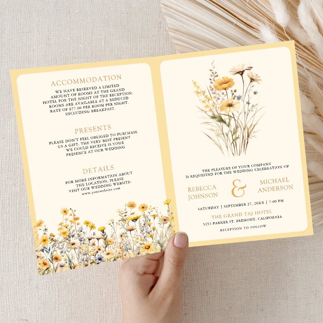 Invitation Code QR de mariage aux fleurs sauvages boho jaune (Créateur téléchargé)