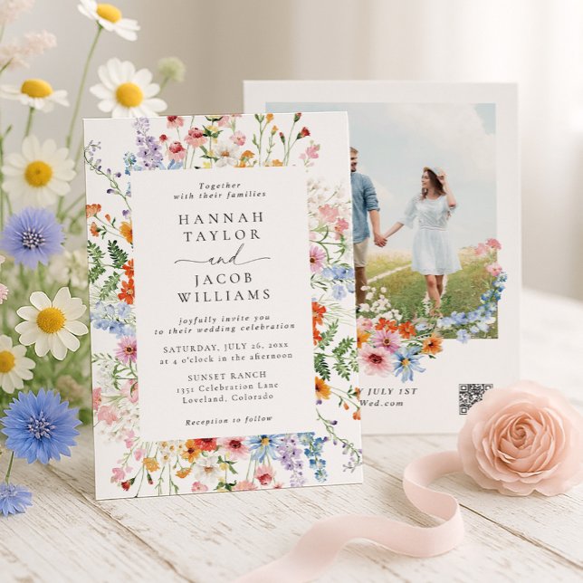Invitation Code QR de mariage aux fleurs sauvages de prairie  (Créateur téléchargé)