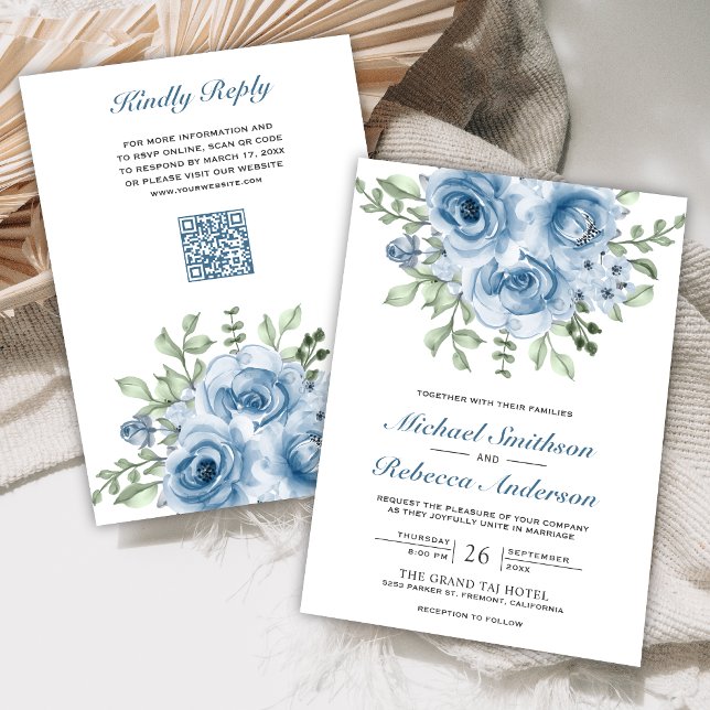 Invitation Code QR de mariage aux roses bleues poussiéreuses (Créateur téléchargé)
