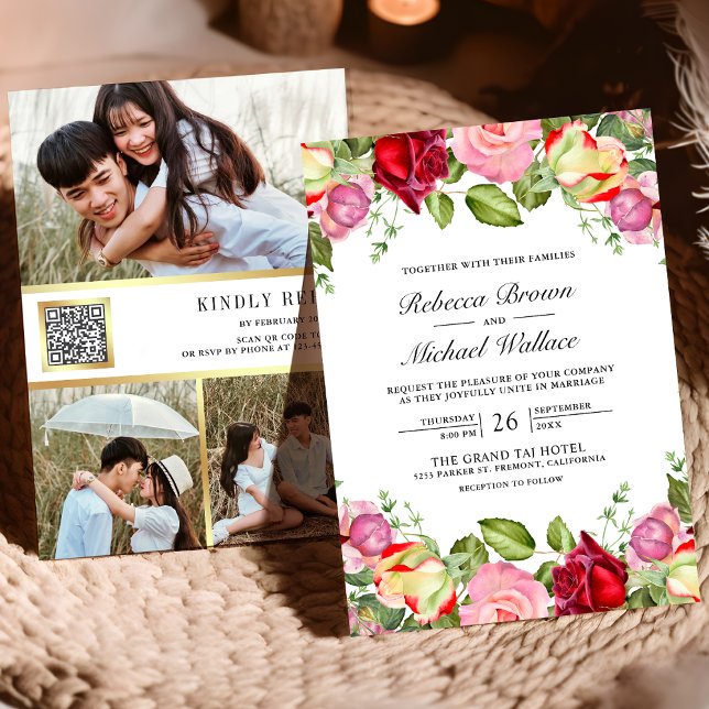 Invitation Code QR de mariage aux roses roses et rouges roman (Créateur téléchargé)