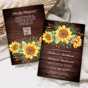 Invitation Code QR de mariage avec des tournesols en bois de