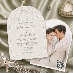 Invitation Code QR de mariage avec photo d'arche de monogramm