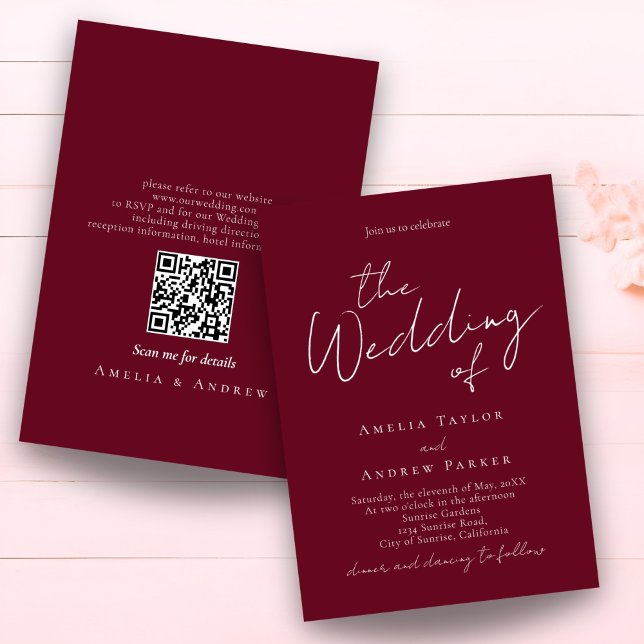 Invitation Code QR de mariage blanc et bordeaux écriture élég (Créateur téléchargé)
