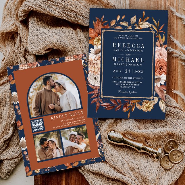 Invitation Code QR de mariage bleu marine avec fleurs en terr (Créateur téléchargé)