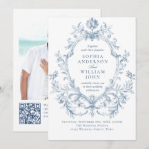 Code QR de mariage bleu poussiéreux floral orné vi