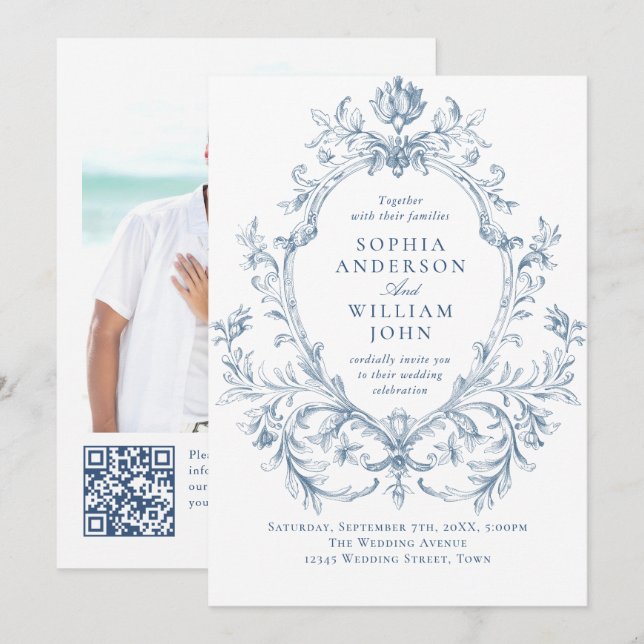 Invitation Code QR de mariage bleu poussiéreux floral orné vi (Devant / Derrière)