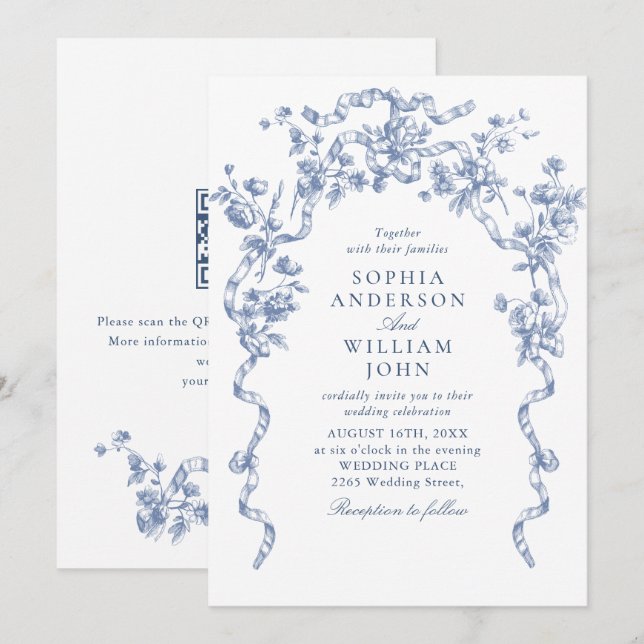 Invitation Code QR de mariage bleu poussiéreux floral orné vi (Devant / Derrière)