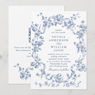 Invitation Code QR de mariage bleu poussiéreux floral orné vi