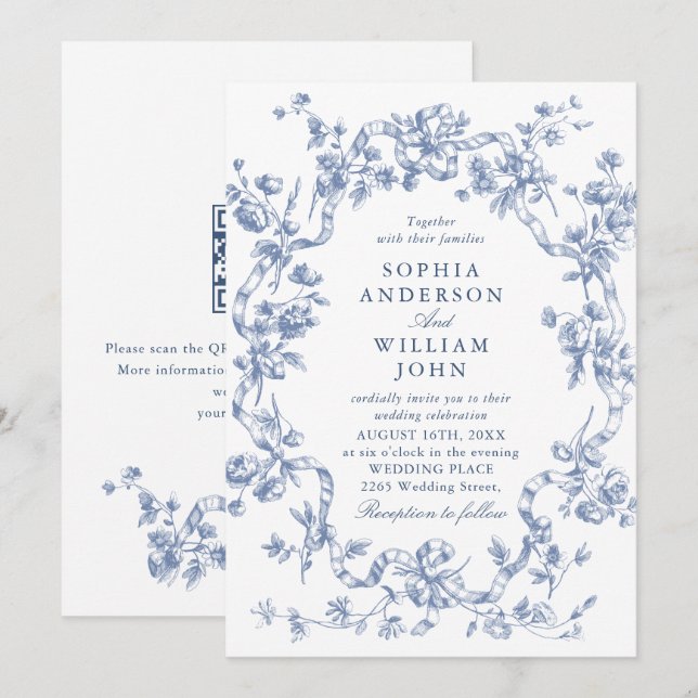 Invitation Code QR de mariage bleu poussiéreux floral orné vi (Devant / Derrière)