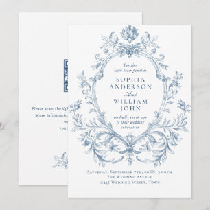 Invitation Code QR de mariage bleu poussiéreux floral orné vi