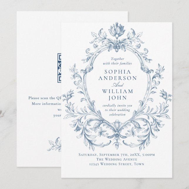 Invitation Code QR de mariage bleu poussiéreux floral orné vi (Devant / Derrière)