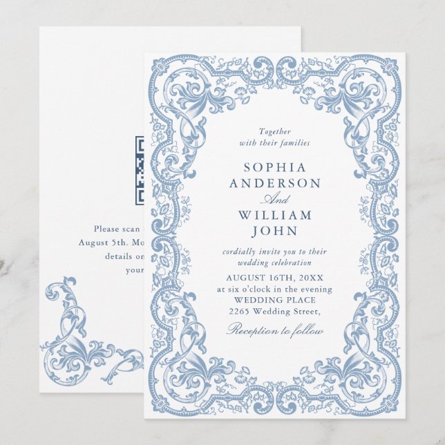 Invitation Code QR de mariage bleu poussiéreux orné de la Ren (Devant / Derrière)