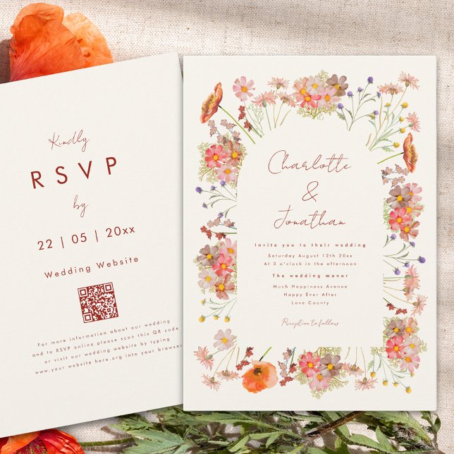 Invitation Code QR de mariage bohème aux fleurs sauvages (Boho wildflower arch fall wedding invitation orange beige brown and burnt orange)