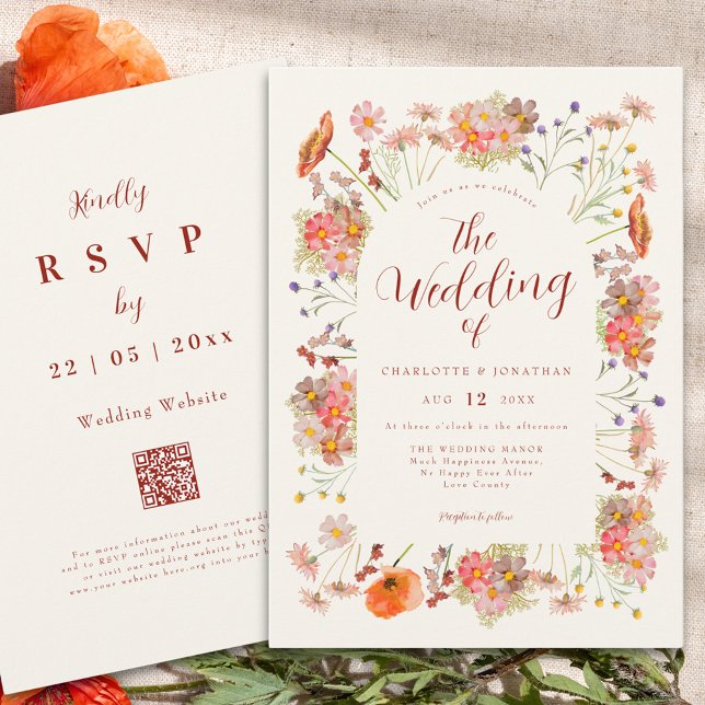 Invitation Code QR de mariage bohème aux fleurs sauvages (Boho wildflower elegant fall wedding qr code invitation )