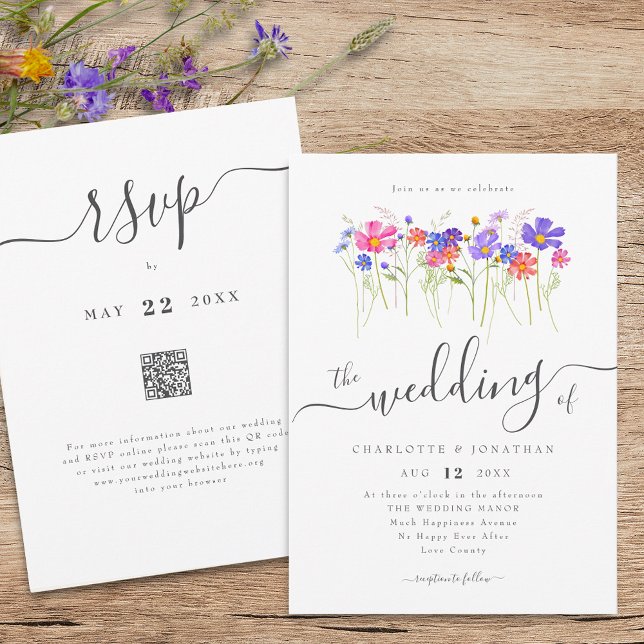 Invitation Code QR de mariage bohème aux fleurs sauvages colo (Colorful vibrant wildflower boho wedding qr code invitation Elegant whimsical script meadow flowers)