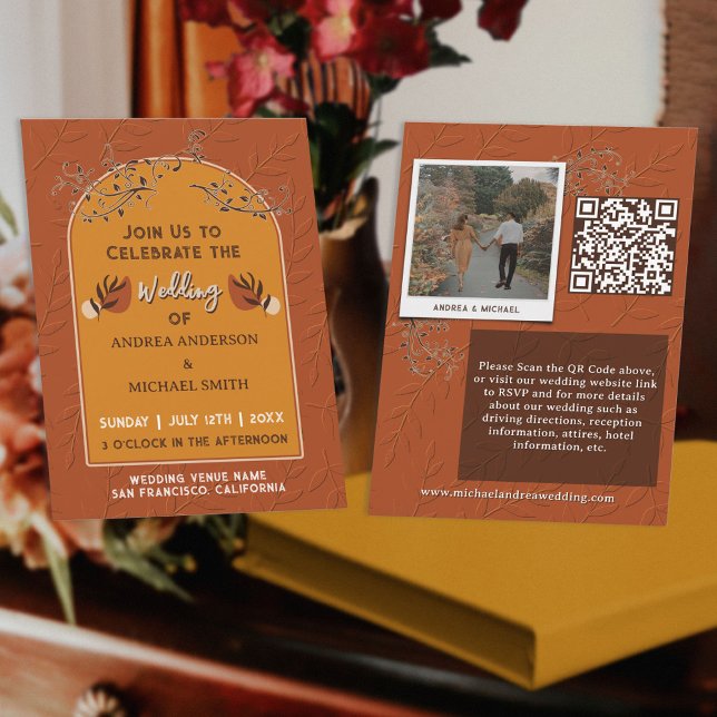 Invitation Code QR de mariage Bohème photo en terre cuite vin (Créateur téléchargé)