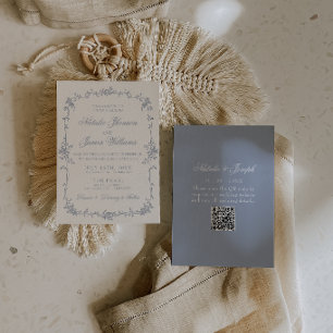 Invitation Code QR de mariage botanique bohème floral bleu po