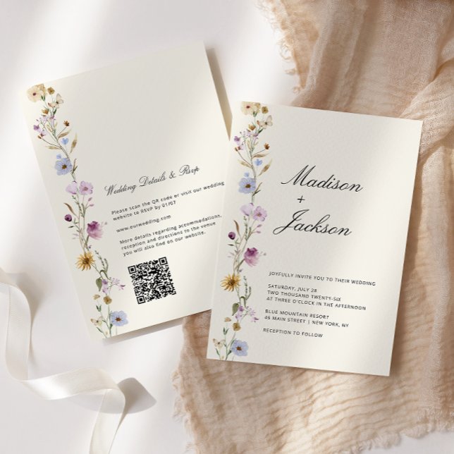 Invitation Code QR de mariage calligraphié de fleurs sauvages (Créateur téléchargé)
