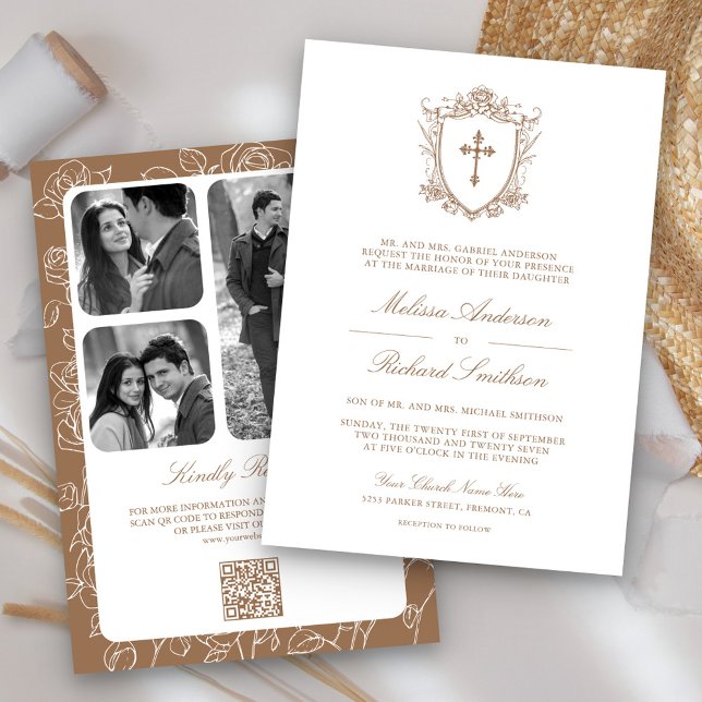 Invitation Code QR de mariage catholique beige victorien (Créateur téléchargé)