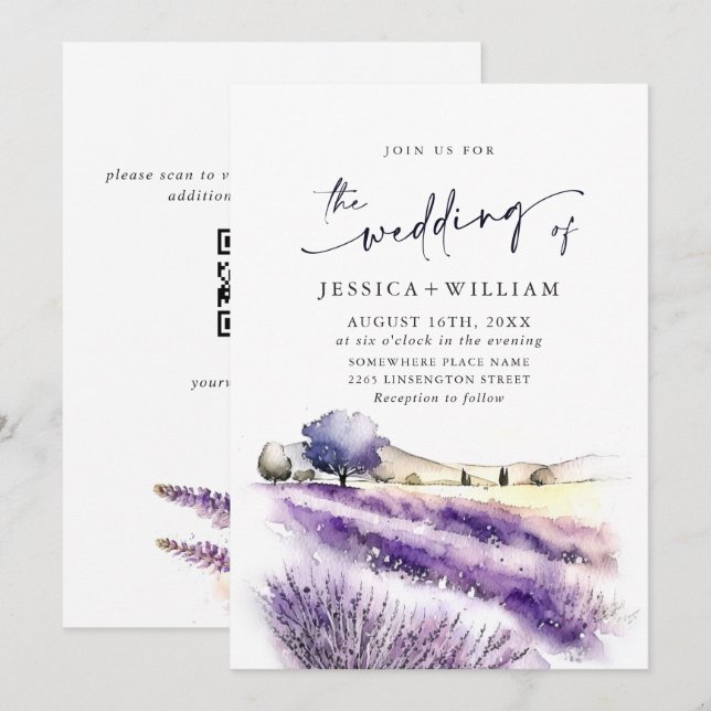 Invitation Code QR de mariage champ de lavande violette aquar (Devant / Derrière)