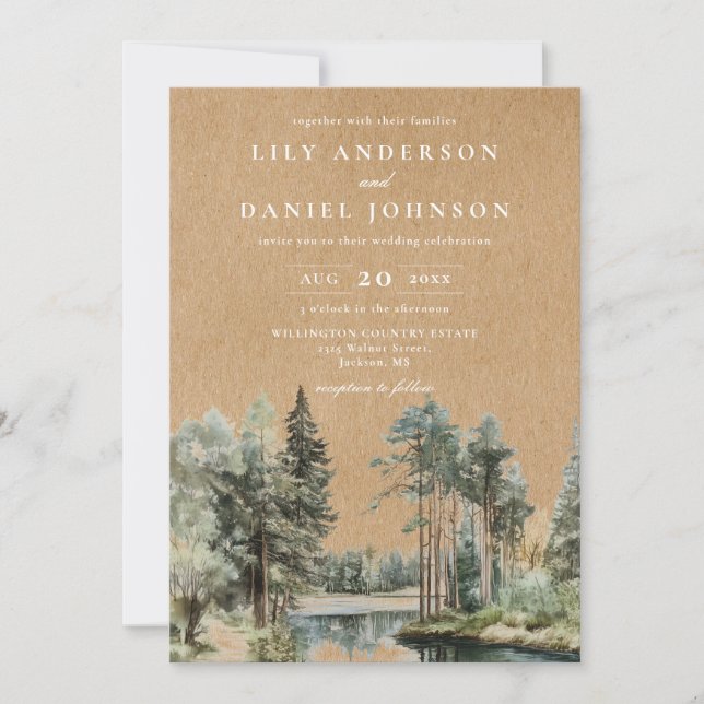 Invitation Code QR de mariage champêtre en forêt de lac Kraft (Devant)