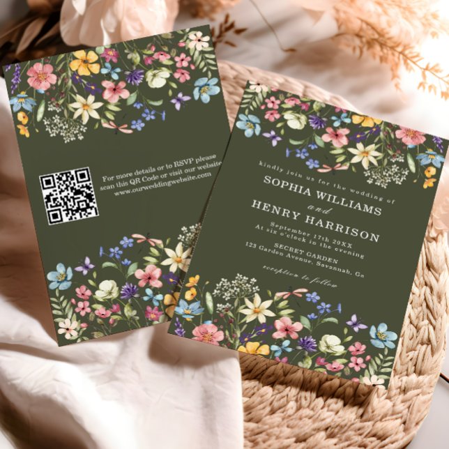 Invitation Code QR de mariage champêtre rustique vert Wildflo (Créateur téléchargé)