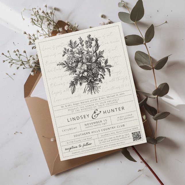 Invitation Code QR de mariage chrétien simple à motif floral  (Elegant modern black vintage floral label style botanical QR code Christian verse wedding invitation)
