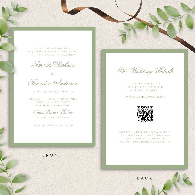 Invitation Code QR de mariage classique vert sauge et blanc (Créateur téléchargé)