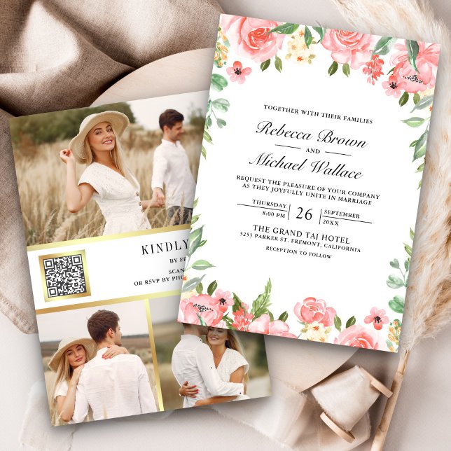 Invitation Code QR de mariage Collage photo floral rose blush (Créateur téléchargé)
