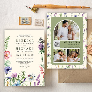Invitation Code QR de mariage crème de photo de fleur sauvage