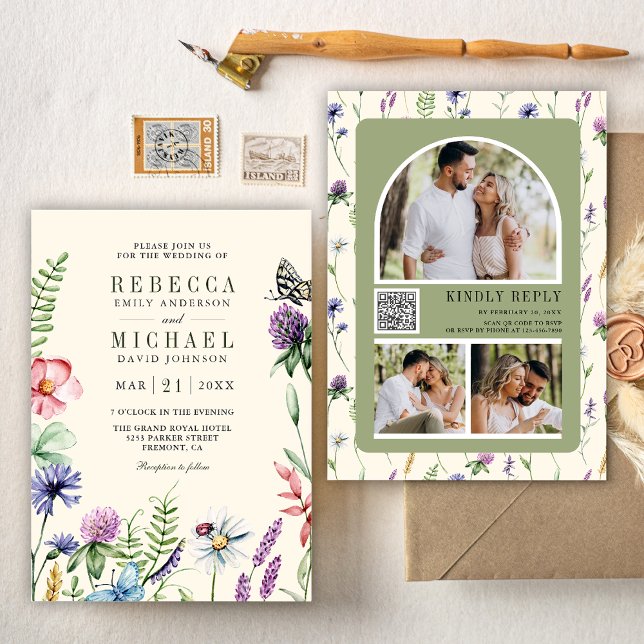 Invitation Code QR de mariage crème de photo de fleur sauvage (Créateur téléchargé)