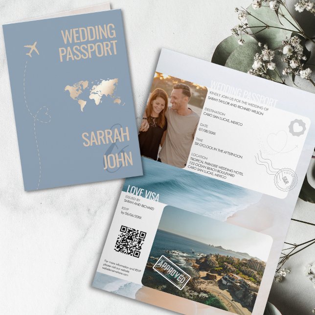 Invitation Code QR de mariage de destination unique moderne (modern wedding passport in dusty blue color with golden world map)