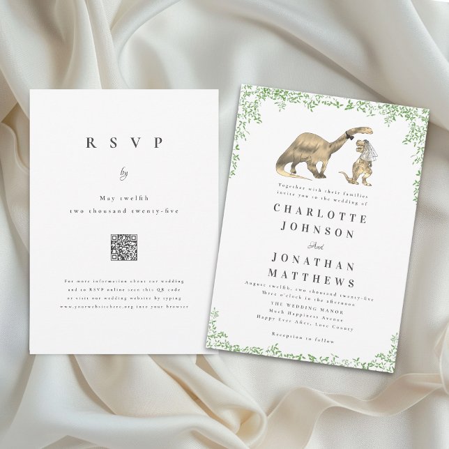 Invitation Code QR de mariage de dinosaure drôle (Funny dinosaur bride and groom Jurassic wedding qr code invitation Watercolor foliage elegant script)