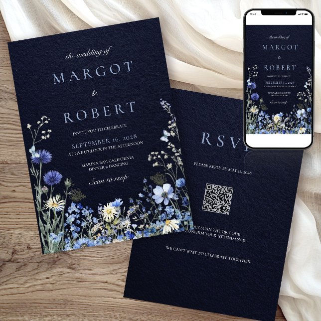 Invitation Code QR de mariage de fleur sauvage de bleuet de N (Créateur téléchargé)