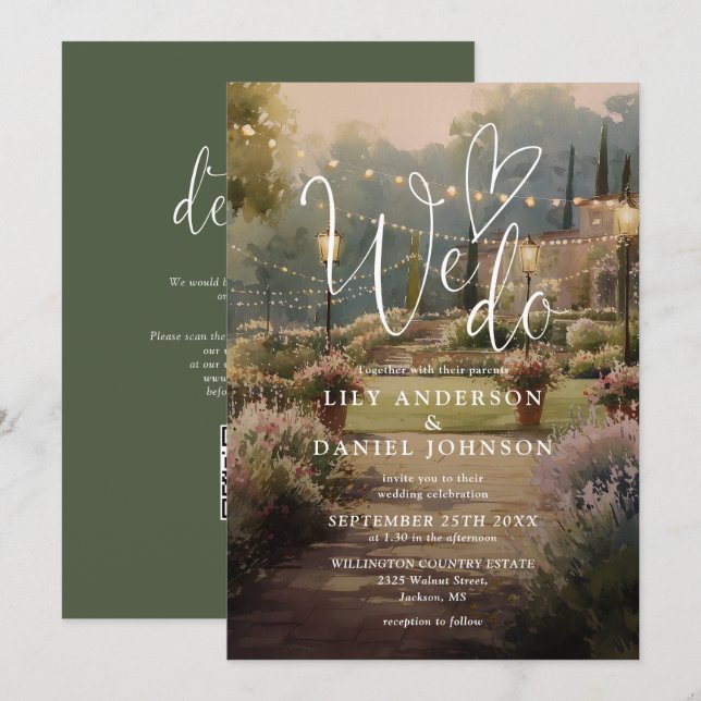 Invitation Code QR de mariage de jardin de campagne à l'aquar (Devant / Derrière)