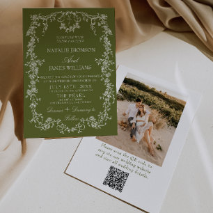 Invitation Code QR de mariage de jardin en vert olive floral