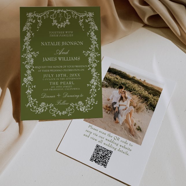 Invitation Code QR de mariage de jardin en vert olive floral (Créateur téléchargé)