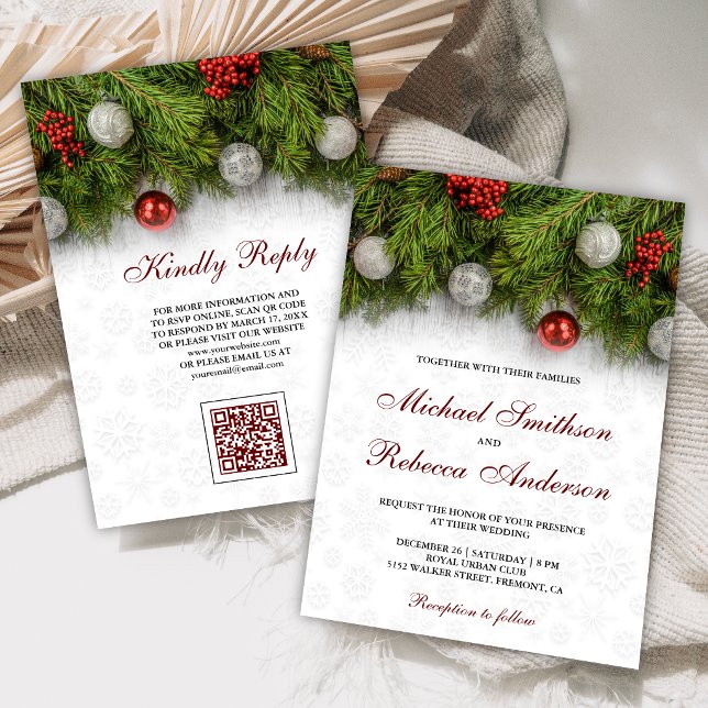 Invitation Code QR de mariage de Noël aux feuilles de pin et  (Créateur téléchargé)