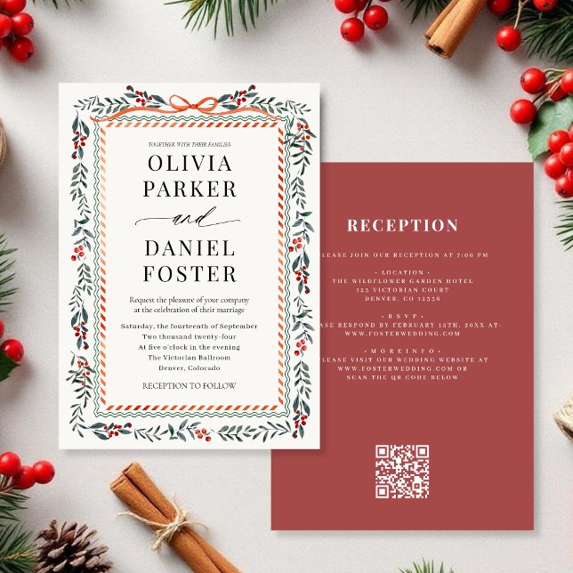 Invitation Code QR de mariage de Noël avec ruban rouge et hou (Créateur téléchargé)