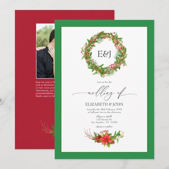Invitation Code QR de mariage de Noël Poinsettia & Pine (Devant / Derrière)