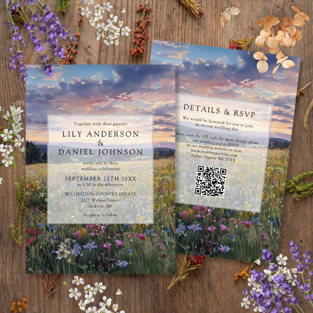 Invitation Code QR de mariage de prairie florale de fleurs sa (Créateur téléchargé)