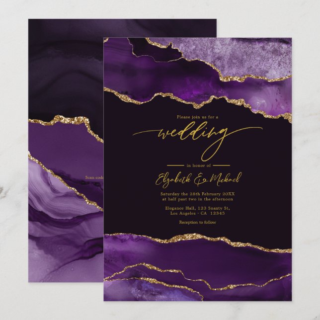 Invitation Code QR de mariage élégant à l'agate violette et o (Devant / Derrière)
