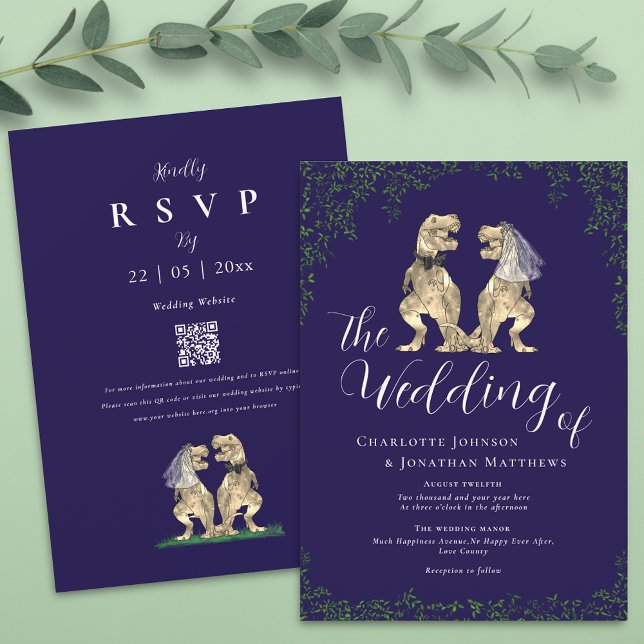 Invitation Code QR de mariage élégant dinosaure bleu marine (Navy blue dinosaur wedding qr code invitation Elegant script boho eucalyptus foliage T-Rex )