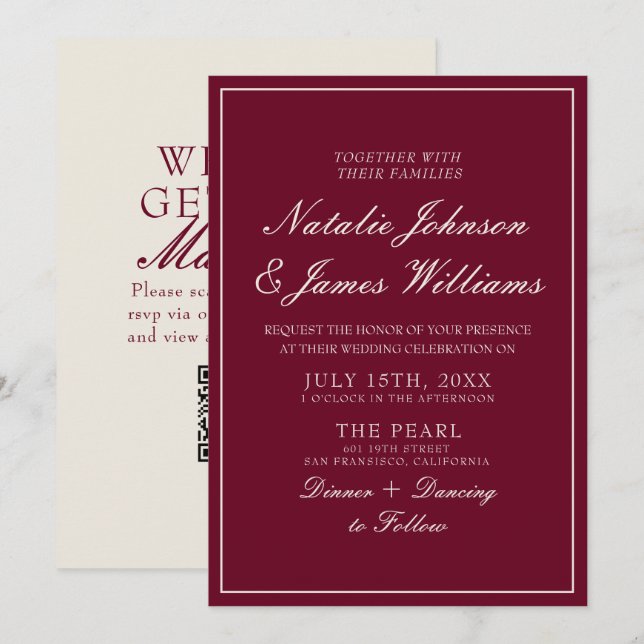 Invitation Code QR de mariage élégant en Bourgogne Ancien Arg (Devant / Derrière)